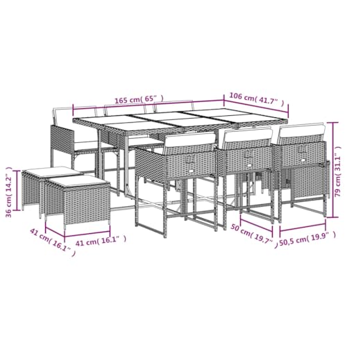 vidaXL 11-Piece Patio Dining Set - Poly Rattan Outdoor Furniture with Acacia Wood Table Top - includes Cushions - Foldable, Space-Saving Design for Garden/Patio/Backyard vidaXL