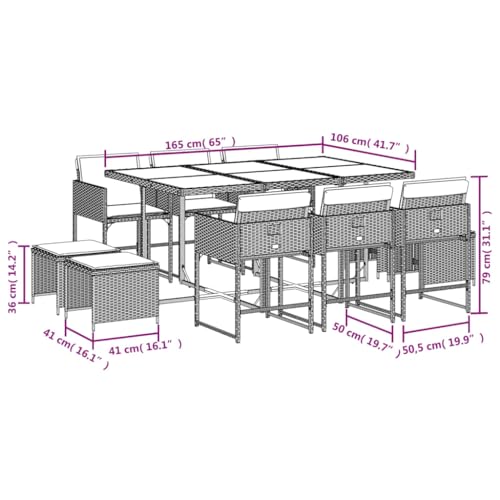 vidaXL 11-Piece Patio Dining Set - Poly Rattan Outdoor Furniture with Acacia Wood Table Top - includes Cushions - Foldable, Space-Saving Design for Garden/Patio/Backyard - WoodArtSupply