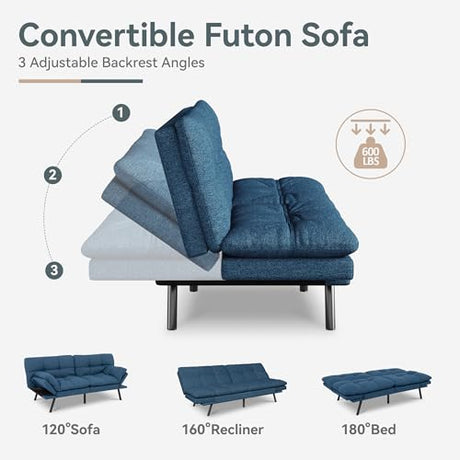 AMICLIBER Futon Sofa Bed Convertible Couch, Blue Linen Sofa Bed with Memory Foam, Adjustable Backrest & Armrests, Multifunctional Small Loveseat Sleeper Sofa for Living Room, Apartment, Office AMICLIBER