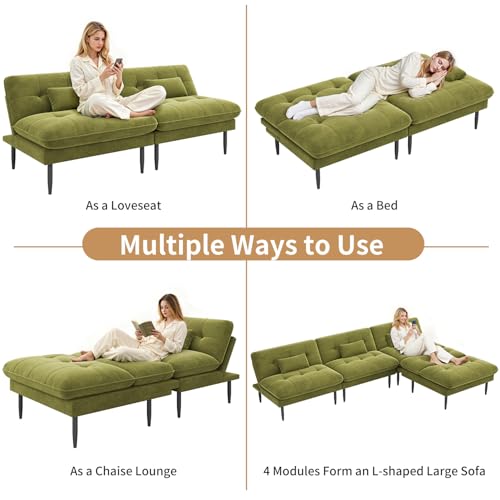 NEDYO 70 inch Convertible Futon Sofa Bed, Velvet Sleeper Sofa with Adjustable Backrest, Thick Fill and Convertible Modules, 4 in 1 Loveseat Couch for Living Room, Olive Green NEDYO