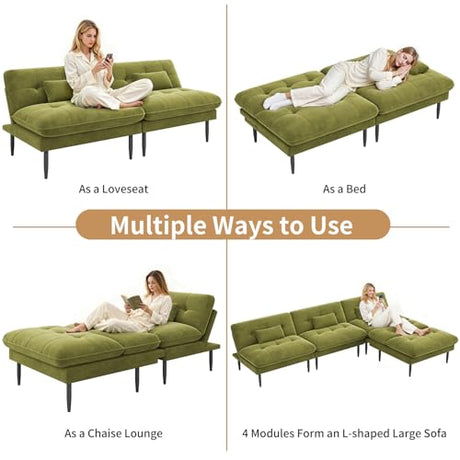NEDYO 70 inch Convertible Futon Sofa Bed, Velvet Sleeper Sofa with Adjustable Backrest, Thick Fill and Convertible Modules, 4 in 1 Loveseat Couch for Living Room, Olive Green NEDYO