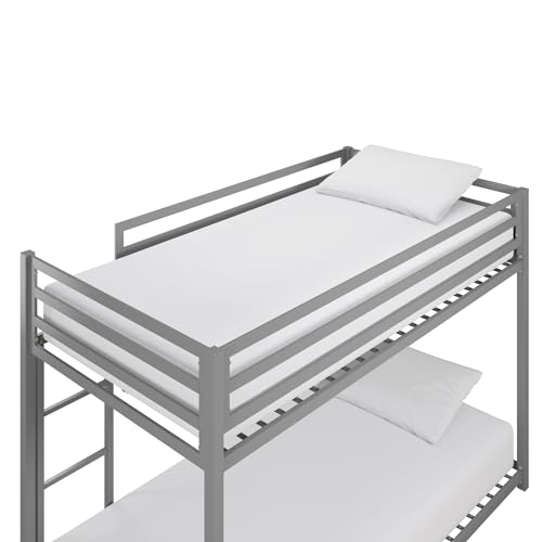 DHP Miles Silver Low Metal Bunk Bed Frame for Kids - Twin Over Twin with Built-in Ladder and High Guardrails DHP