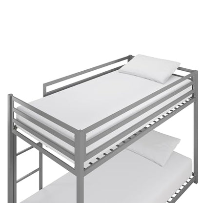 DHP Miles Silver Low Metal Bunk Bed Frame for Kids - Twin Over Twin with Built-in Ladder and High Guardrails - WoodArtSupply