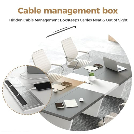 Huariifowm 118" Conference Table for 8, Modern Grey & White Meeting Table with 2.1" Thick Top and Cable Management Box, 10 Ft Office Conference Room Table for Boardroom, Training Room Huariifowm