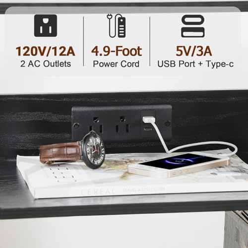 AMHANCIBLE Record Player Stand with Charging Station, Large Turntable Stand with Storage Cabinet, 3 Tier End Table Hold Up to 100 Albums, Record Stand for Vinyl, Living Room, Black, HETCD012BK-1 AMHANCIBLE