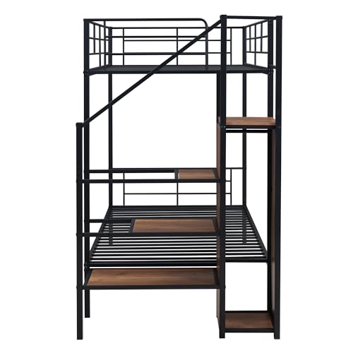 Harper & Bright Designs Metal Bunk Bed with Stairs and Wardrobe, Twin Over Twin Bunk Bed Frame with Storage Ladder, for Kids Teens Adults, Black Harper & Bright Designs
