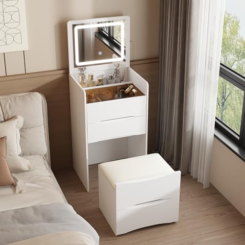 FUFU&GAGA Vanity Desk with Flip Top Mirror and Lights, Small Makeup Vanity Set with Glass Shelf, Space Saving Dressing Table with 3 Drawers & Cushion Stool for Bedroom, White 18.7”W x 15.7”D x 47.2”H FUFU&GAGA