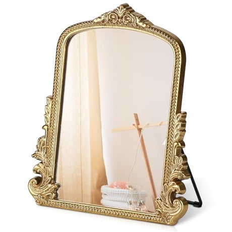 Vintage Makeup Mirror, Vanity Desk Mirror Antique Traditional Tabletop Mirror, Standing, Hang or Wall Mounted, Adjustable Dress-up Mirror, Gold Decor Mirror for Living Room,Bedroom (gold, 12*9.8 in) Willannals
