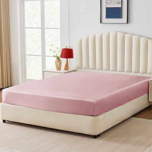 CozyLux Satin Fitted Sheet Twin Size, Pink Silky Satin Bed Fitted Sheet Only with Silky Microfiber, Deep Pocket, Single Bottom Sheet Sold Separately, Breathable, Smooth and Soft CozyLux