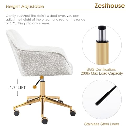 Zesthouse Modern Desk Chair with Wheels, White Swivel Vanity Chair for Girls Women, Upholstered Home Office Chair Boucle Armchair for Bedroom, Height Adjustable Computer Task Chair, Gold Base Zesthouse