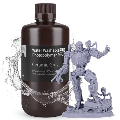 ELEGOO Upgraded Water Washable Resin 2.0, 3D Printer Resin with Low Viscosity and High Precision, 405nm Rapid UV-Curing Photopolymer Resin, 3D Resin for LCD/DLP 3D Printing, Grey 1000G ELEGOO