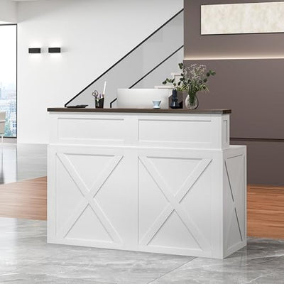 Epecoya Tall Reception Desk with Counter, 47-Inch Modern Front Desks, Unique Barn Door Home Design Office Table Retail Counter for Checkout, Lobby, Beauty Salon, White