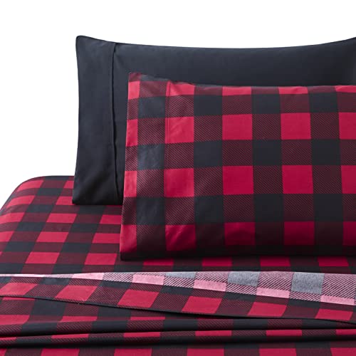 Marina Decoration Soft Silky Rich Printed Rayon from Bamboo All Season 3 Pieces Duvet Cover Fitted Sheet Ensemble Bedding Set with Zipper and Corner Tie, Red Black Plaid Pattern Twin/Single Size Marina Decoration