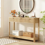 RUSTOWN Fluted Wood Console Table with 3 Drawers, Boho Narrow Behind Couch Entryway Table with Open Storage Shelf, Modern Sofa Table for Living Room, Foyer and Hallway (Natural Wood) RUSTOWN
