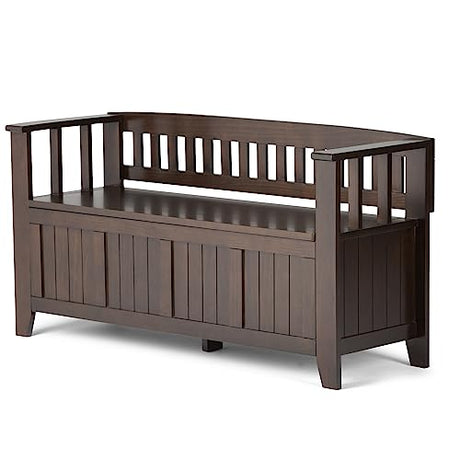 Acadian Solid Wood 48 Inch Transitional Entryway Storage Bench in Brunette Brown SIMPLIHOME