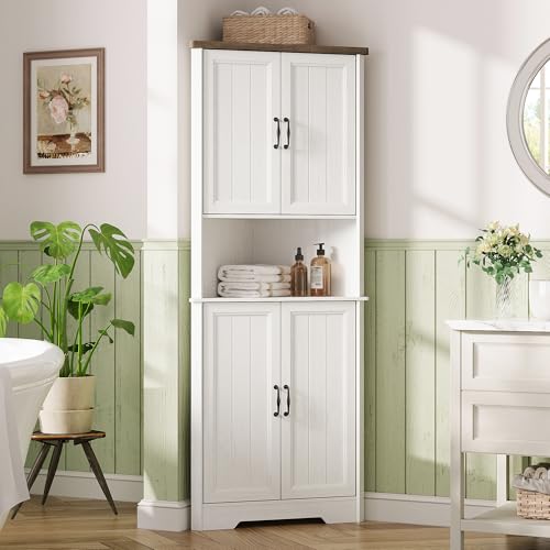Vabches Tall Corner Cabinet, Corner Bathroom Cabinet, 67" Farmhouse Storage Cabinet with 4 Doors and Adjustable Shelves, Home Space Saver for Bathroom, Kitchen, Living Room, Pantry, White Vabches