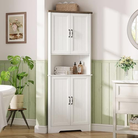 Vabches Tall Corner Cabinet, Corner Bathroom Cabinet, 67" Farmhouse Storage Cabinet with 4 Doors and Adjustable Shelves, Home Space Saver for Bathroom, Kitchen, Living Room, Pantry, White Vabches