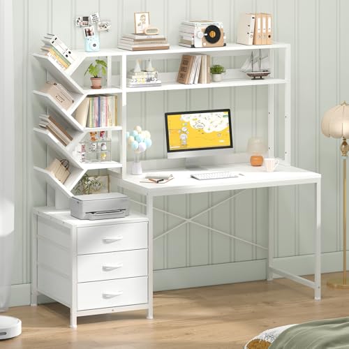 YOMILUVE Reversible Computer Desk with Hutch, Home Office Desk with Drawers and Bookshelf, 52'' Study Writing Desk with Storage Shelves for Bedroom Home Office, White YOMILUVE