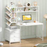 YOMILUVE Reversible Computer Desk with Hutch, Home Office Desk with Drawers and Bookshelf, 52'' Study Writing Desk with Storage Shelves for Bedroom Home Office, White YOMILUVE