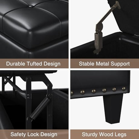 FiveWillowise Square Leather Ottoman with Storage, Faux Leather Coffee Table Ottoman with Lift Top, Large Upholstered Footrest Stool Toy Box Storage for Bedroom Living Room, Black FiveWillowise