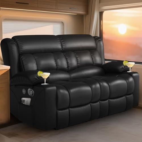 MOSGAT RV Loveseat Recliner Sofa, Reclining Loveseat Home Theater Seating with USB Ports, Cup Holders, Insert Pockets, Wall Hugger RV Recliners for Movie Room, Recline Movie Seats Gaming Sofa, Black
