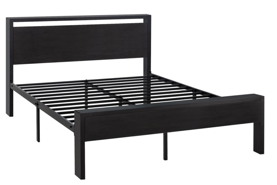 Allewie Queen Size Black Oak Platform Bed Frame with Wooden Headboard and Footboard Allewie