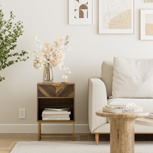 Masupu Nightstand,Modern Night Stand Boho Farmhouse Wood Bedside Table with Storage Drawer Side End Table for Bedroom,Living Room,Office,Walnut Brown Masupu