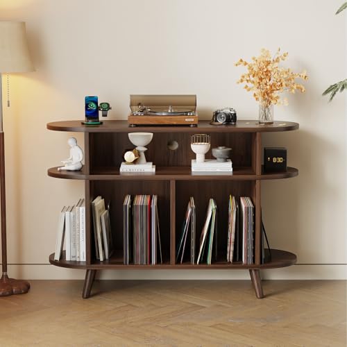 LIVEHOM Large Round Record Player Stand, Wood Record Storage Cabinet, Vinyl Record Holder with Display Area, Mid Century Modern Turntable for Living Room, Bedroom LIVEHOM