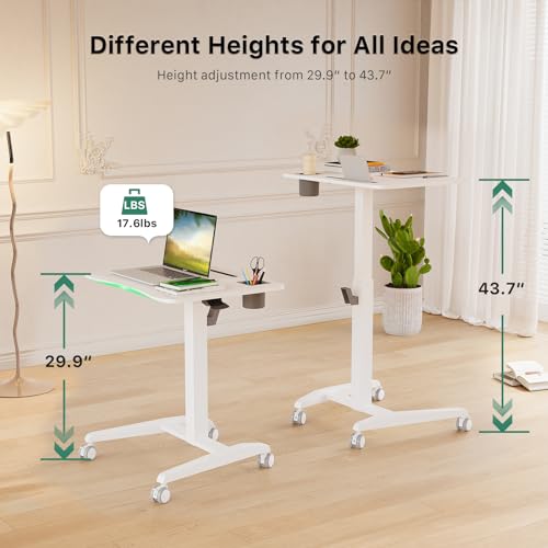 Gibbon Mounts Mobile Standing Desk, Height Adjustable Rolling Laptop Desk, 27 inches Portable Sit Stand Desk with Wheels and Hook, Pneumatic Computer Table, White Gibbon Mounts