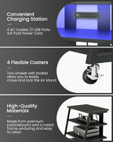 CHOEZON 4-Tier AV Media Stand with Wheels, Stereo Stands, Media Console Shelf with Power Strips, LED Lights, Wooden Audio Cabinet Rack Tower for Record Player/Apple TV/ps4, Black TCJ60UDBB CHOEZON