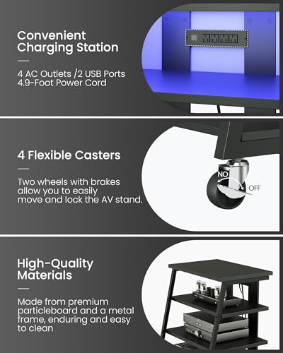 CHOEZON 4-Tier AV Media Stand with Wheels, Stereo Stands, Media Console Shelf with Power Strips, LED Lights, Wooden Audio Cabinet Rack Tower for Record Player/Apple TV/ps4, Black TCJ60UDBB CHOEZON