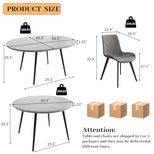HIPIHOM 43.3"-59.1" Extendable Round Dining Table Set, Kitchen Table for 6 Person with Scratch-Resistant Thickened MDF Board, Gray Coffee Table w/Metal Legs HIPIHOM