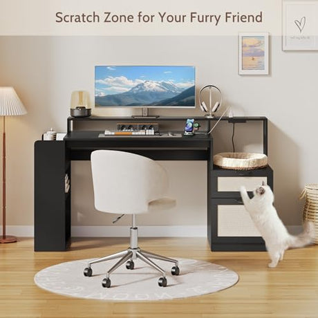 Vividwood Farmhouse Computer Desk with Drawers and Power Outlets, 60” Home Office Desk with Adjustable File Drawer, Cat Scratching Pad, Printer Stand, Shelves & Monitor Riser, Black Vividwood