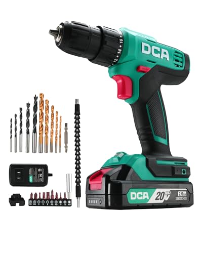 DCA Cordless Drill Set, 336 in-lbs Torque, 3/8" Keyless Chuck, Electric Power Drill with 2.0Ah Battery and Charger,18+1 Position,25-Piece 20V Drill Driver Kit, ADJZ2035 DCA