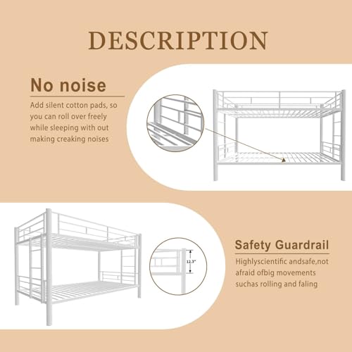 HomJoones Metal Bunk Bed Twin Over Twin Sturdy Heavy Duty Bunk Beds with 2 Side Ladders,Space Saving,No Box Spring Needed,for Boys Girls Teens Adults, Bedroom, Dormitory (White) HomJoones
