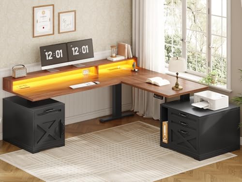 SEDETA Farmhouse L Shaped Standing Desk, 71" x 73" Height Adjustable Home Office Executive Desk with Drawers, Power Outlet, Monitor Stand, Sit Stand Table with Led Lights for Home Office, Black SEDETA