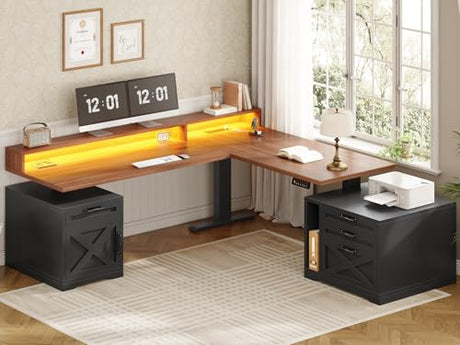 SEDETA Farmhouse L Shaped Standing Desk, 71" x 73" Height Adjustable Home Office Executive Desk with Drawers, Power Outlet, Monitor Stand, Sit Stand Table with Led Lights for Home Office, Black SEDETA