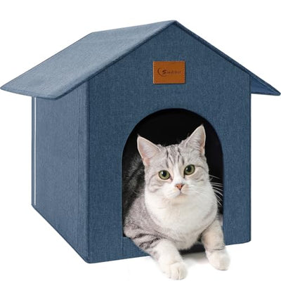 Outdoor Cat House, Outdoor Cat Shelter Feral Cat, Outside Waterproof Cat House for Outdoor/Indoor Cats, Insulated Cat House for Winter with Cozy Cushion, Easy to Assemble, Navy Blue