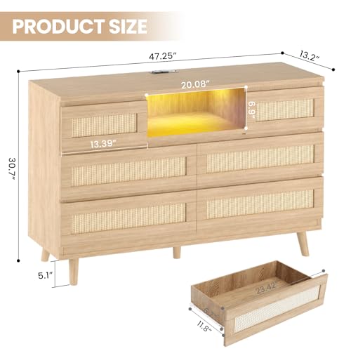GarveeHome Natural Rattan Dresser for Bedroom with LED Light and Charging Station, 6 Drawer Double Dressers, Modern Wooden Dresser Chest, Beside Table for Closet, Nursery, Living Room, Natural GarveeHome