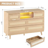 GarveeHome Natural Rattan Dresser for Bedroom with LED Light and Charging Station, 6 Drawer Double Dressers, Modern Wooden Dresser Chest, Beside Table for Closet, Nursery, Living Room, Natural GarveeHome