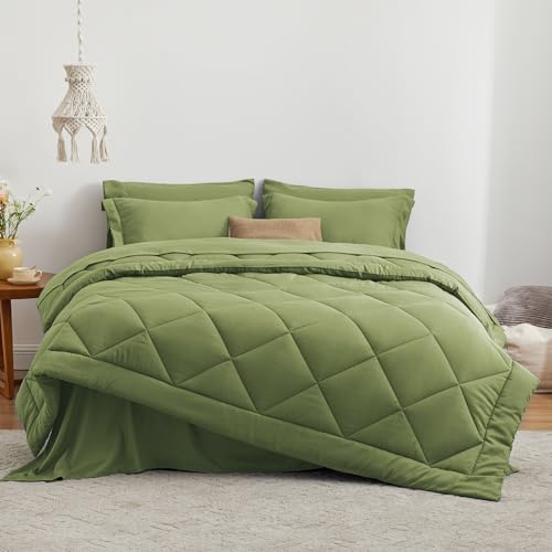 Love's cabin Twin Comforter Set Olive Green, 5 Pieces Twin Bed in a Bag, All Season Bedding Sets with 1 Comforter, 1 Flat Sheet, 1 Fitted Sheet, 1 Pillowcase and 1 Pillow Sham Love's cabin