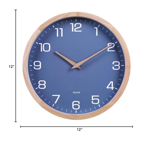 Kesin Wall Clock 12 Inch Silent Non Ticking Wood Wall Clocks Battery Operated - Wooden Blue Modern Simple Clock Decorative for Kitchen,Living Room,Bedroom,Kid’s Room Kesin