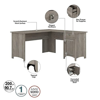 Bush Furniture Salinas L-Shaped Storage | Study Table with Drawers & Cabinets | Home Office Computer Desk, 60W, Driftwood Gray - WoodArtSupply