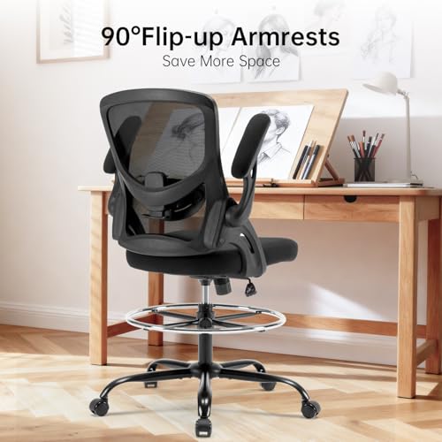 Heromate Drafting Chair Ergonomic Comuputer Standing Desk Chair with Flip-Up Arms and Lumbar Support, Tall Office Chair with Adjustable Footrest, Stool Counter Height Office Chairs Black Heromate