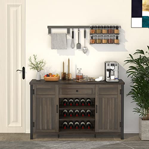 FATORRI Industrial Coffee Bar Cabinet with Wine Rack, Wood Buffet and Sideboard with Storage Cabinet, Rustic Credenza Cupboard for Kitchen Dining Room (55.12 Inch, Walnut Brown) FATORRI