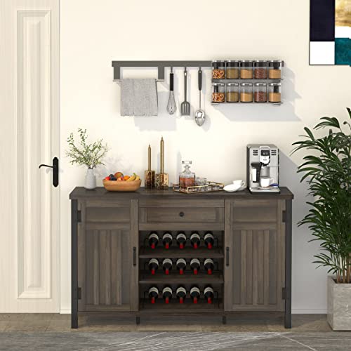 FATORRI Industrial Coffee Bar Cabinet with Wine Rack, Wood Buffet and Sideboard with Storage Cabinet, Rustic Credenza Cupboard for Kitchen Dining Room (55.12 Inch, Walnut Brown) - WoodArtSupply