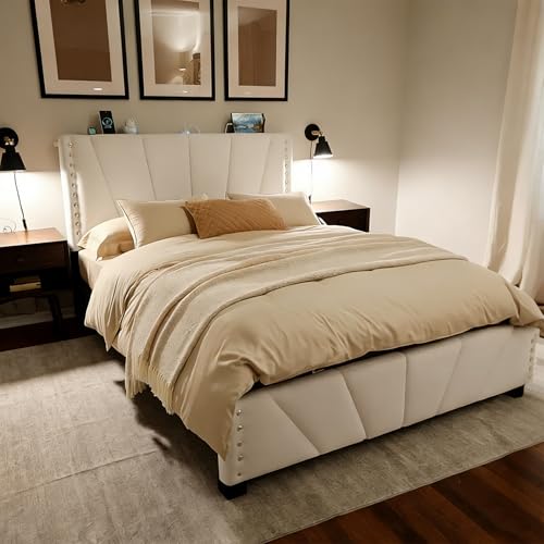 EnHomee Full Size Bed Frame, Velvet Bed Frame with Headboard and Led Light, Platform Bed Frame for Bedroom Apartment, Dorm, Noise-Free, Easy Assembly, Beige EnHomee
