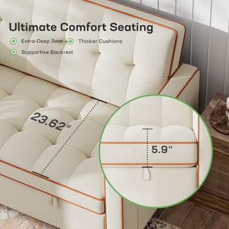 Marsail 3-in-1 Convertible Futon Sleeper Sofa Bed, Pull Out Couch with Adjustable Backrest, USB Charging & Side Pockets, Velvet Fabric Sofa Loveseat for Living Room, Apartment, Ivory White Marsail