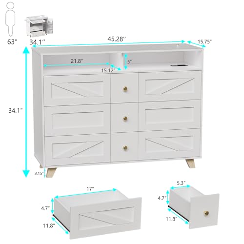 PAKASEPT Farmhouse White Dresser with Led Lights for Bedroom w/6 Drawers & Wide Chest of Drawers, Rustic Dresser TV Stand w/Shelf, Dresser Organizer for Bedroom, Living Room, Entryway, White PAKASEPT