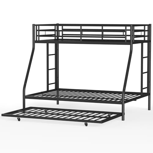 Shintenchi Bunk Bed Twin Over Full Size with Trundle, Heavy-Duty Twin&Full Frame with Full-Length Guardrail and Two Ladders, Triple for Kids, Teens and Adults, Space-Saving, Black Shintenchi